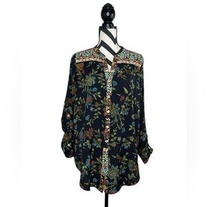 Figueroa & Flower Sz L Sheer Dark Floral Boho Button Front Tunic Top